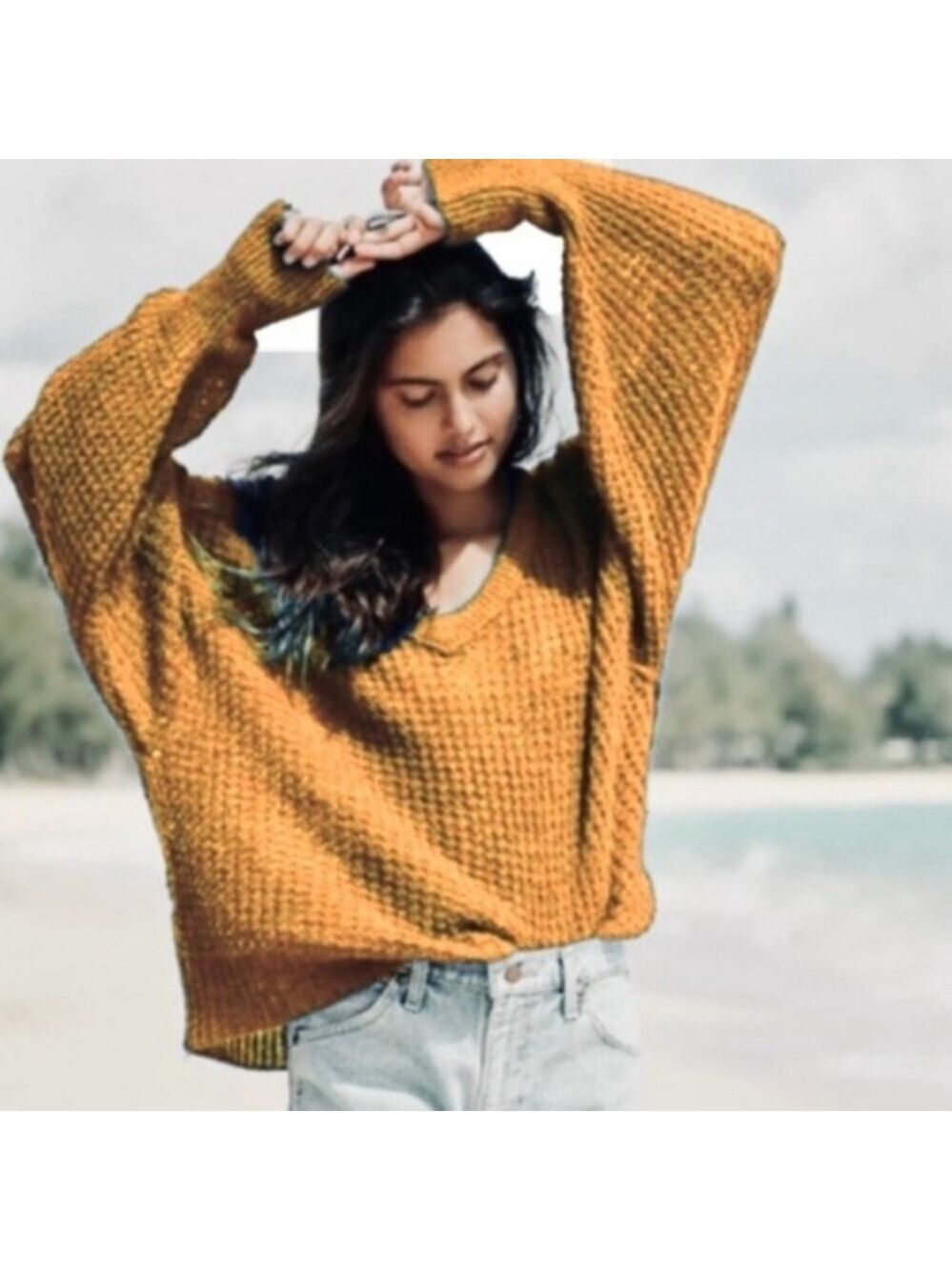 Free People Oversized Lulu V-Neckline Sweater in Tan